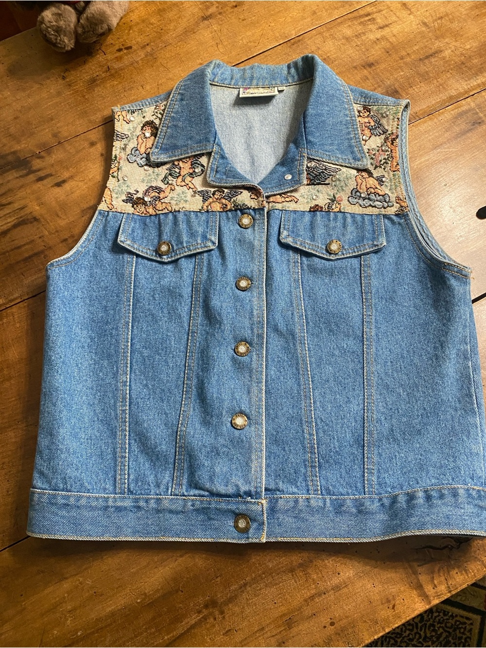 Vintage Denim Vest with Cherub Tapestry Yoke with Shiny Clear Stud Accents 12